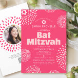Bat Mitzvah QR Code Pink Photo Starburst Pop Retro Invitation<br><div class="desc">Be proud, rejoice and showcase this milestone of your favourite Bat Mitzvah with this fun, trendy, groovy, personalized QR code invitation! Retro pop white and blush pink flower starbursts with Stars of David, along with bold modern blush pink and white sans serif typography, overlay a bright coral pink background. On...</div>