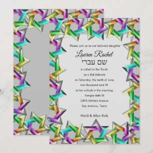 Bat Mitzvah Rainbow Star of David on Any Colour In Invitation