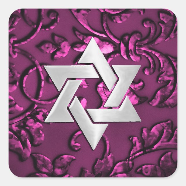 Bat Mitzvah Raspberry Pink Embossed Look Damask Square Sticker (Front)