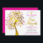 Bat Mitzvah Red Gold Foil Tree of Life Modern Bold Invitation<br><div class="desc">Be proud, rejoice and showcase this milestone of your favourite Bat Mitzvah! This graphic faux gold foil tree with sparkly pink, orange, and red Star of David and dot “leaves” on a white background is the perfect invitation for this special occasion. A tiny, dark red Star of David pattern overlaying...</div>
