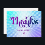 Bat Mitzvah Retro Blue Purple Gradient Thank You Postcard<br><div class="desc">Make sure your favourite Bat Mitzvah shows her appreciation to all who supported her milestone event! Send out this fun, boho retro, personalized thank you postcard. Fun, trendy, bold purple and navy blue typography with modern sans serif typography overlay a background of pop light turquoise and purple ombre gradient rays...</div>