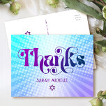 Bat Mitzvah Retro Blue Purple Gradient Thank You Postcard<br><div class="desc">Make sure your favourite Bat Mitzvah shows her appreciation to all who supported her milestone event! Send out this fun, boho retro, personalized thank you postcard. Fun, trendy, bold purple and navy blue typography with modern sans serif typography overlay a background of pop light turquoise and purple ombre gradient rays...</div>