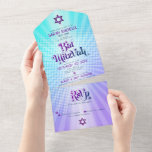 Bat Mitzvah Retro Boho Blue Purple Gradient Bold All In One Invitation<br><div class="desc">Be proud, rejoice and showcase this milestone of your favourite Bat Mitzvah with this fun boho retro, custom all-in-one invitation for an event to remember. Hip, trendy, bold purple and navy blue typography with modern sans serif typography overlay a background of pop light turquoise and purple ombre gradient rays with...</div>
