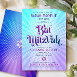 Bat Mitzvah Retro Boho Blue Purple Gradient Bold Invitation<br><div class="desc">Be proud, rejoice and showcase this milestone of your favourite Bat Mitzvah with this fun boho retro, personalized invitation! Fun, trendy, bold purple and navy blue typography with modern sans serif typography overlay a background of pop light turquoise and purple ombre gradient rays with white dots. On the back, a...</div>