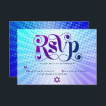 Bat Mitzvah Retro Boho Blue Purple Gradient Bold RSVP Card<br><div class="desc">Be proud, rejoice and showcase this milestone of your favourite Bat Mitzvah! Include this boho, retro, personalized RSVP insert card for your event. Fun, trendy, bold purple and navy blue typography with modern sans serif typography overlay a background of pop light turquoise and purple ombre gradient rays with white dots....</div>