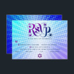Bat Mitzvah Retro Boho Blue Purple Gradient Entrée RSVP Card<br><div class="desc">Be proud, rejoice and showcase this milestone of your favourite Bat Mitzvah! Include this boho, retro, personalized RSVP insert card for your event. Fun, trendy, bold purple and navy blue typography with modern sans serif typography overlay a background of pop light turquoise and purple ombre gradient rays with white dots....</div>