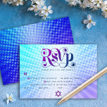 Bat Mitzvah Retro Boho Blue Purple Gradient Entrée RSVP Card<br><div class="desc">Be proud, rejoice and showcase this milestone of your favourite Bat Mitzvah! Include this boho, retro, personalized RSVP insert card for your event. Fun, trendy, bold purple and navy blue typography with modern sans serif typography overlay a background of pop light turquoise and purple ombre gradient rays with white dots....</div>