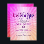 Bat Mitzvah Retro Boho Pink Orange Gradient Bold Enclosure Card<br><div class="desc">Be proud, rejoice and showcase this milestone of your favourite Bat Mitzvah! Include this groovy boho retro, personalized insert for additional information to your event. Fun, trendy, bold dark hot pink and purple typography with modern sans serif typography overlay a background of pop light orange and pink ombre gradient rays...</div>