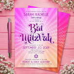 Bat Mitzvah Retro Boho Pink Orange Gradient Bold Invitation<br><div class="desc">Be proud, rejoice and showcase this milestone of your favourite Bat Mitzvah with this fun boho retro, personalized invitation! Fun, trendy, bold dark hot pink and purple typography with modern sans serif typography overlay a background of pop light orange and pink ombre gradient rays with white dots. On the back,...</div>