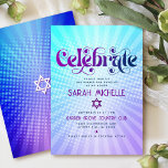 Bat Mitzvah Retro Boho Purple Blue Gradient Bold Enclosure Card<br><div class="desc">Be proud, rejoice and showcase this milestone of your favourite Bat Mitzvah! Include this groovy boho retro, personalized insert for additional information to your event. Fun, trendy, bold purple and navy blue typography with modern sans serif typography overlay a background of pop light turquoise and purple ombre gradient rays with...</div>