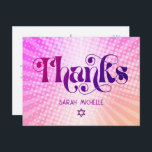 Bat Mitzvah Retro Pink Orange Gradient Thank You Postcard<br><div class="desc">Make sure your favourite Bat Mitzvah shows her appreciation to all who supported her milestone event! Send out this fun, boho retro, personalized thank you postcard. Fun, trendy, bold dark hot pink and purple typography with modern sans serif typography overlay a background of pop light orange and pink ombre gradient...</div>