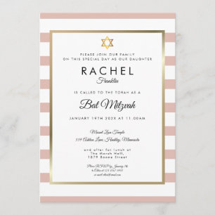 Bat Mitzvah Rose Gold And White Stripe Invitation