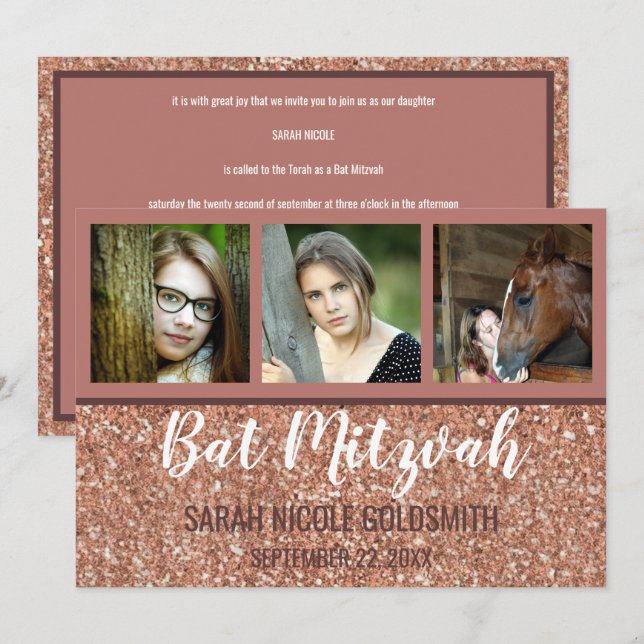Bat Mitzvah Rose Gold Faux Glitter Photo Collage Invitation (Front/Back)