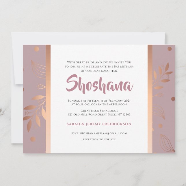 Bat mitzvah Rose Gold Floral Invitation (Dos)