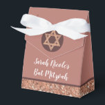 Bat Mitzvah Rose Gold Glitter Chic Glam Party Favor Box<br><div class="desc">Personalize this faux rose gold glitter party favour box for your chic glam Bat Mitzvah celebration. Set on a solid pink mauve background, both sets of white text templates can be customized so "Sarah Nicole's Bat Mitzvah" can be changed to Hanukkah, Bar Mitzvah, a special birthday or anniversary to suit...</div>