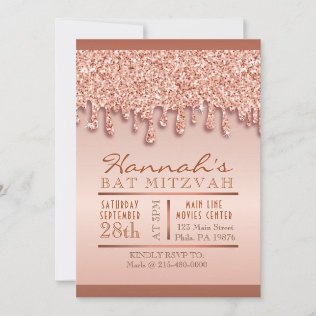 Bat mitzvah rose Gold Sparkle Drippy  Invitation (Devant)