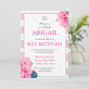 Bat mitzvah Rose Roses Hébreu Argent Invitation