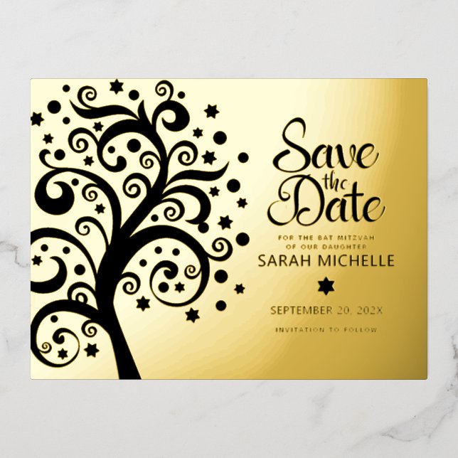 Bat Mitzvah Save Date Black Tree of Life Gold  Foil Invitation Postcard (Front)
