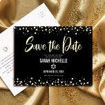 Bat Mitzvah Save Date Bold Script Black Real Gold Foil Invitation Postcard<br><div class="desc">Make sure all your friends and relatives will be able to celebrate your daughter’s milestone Bat Mitzvah! Send out this stunning, modern, “Save the Date” announcement postcard. Graphic real gold foil calligraphy script, Star of David, and confetti dots, overlay a rich, dramatic, black background. Personalize the custom text with your...</div>