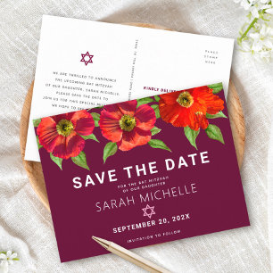 Bat Mitzvah Save Date Floral Watercolor, Burgundy Invitation Postcard