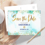 Bat Mitzvah Save Date Gold Turquoise Watercolor Invitation Postcard<br><div class="desc">Make sure all your friends and relatives will be able to celebrate your daughter’s milestone Bat Mitzvah! Send out this stunning, modern, sparkly gold faux foil and glitter dots and typography script against a turquoise blue watercolor background, personalized “Save the Date” announcement postcard. Personalize the custom text with your Bat...</div>