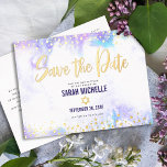 Bat Mitzvah Save Date Purple Watercolor Real Gold Foil Invitation Postcard<br><div class="desc">Make sure all your friends and relatives will be able to celebrate your daughter’s milestone Bat Mitzvah! Send out this stunning, modern, sparkly gold faux foil and glitter dots and typography script against a soft purple watercolor background, personalized “Save the Date” announcement card. Personalize the custom text with your Bat...</div>