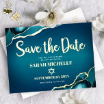 Bat Mitzvah Save Date Teal Ombre Agate Real Gold Foil Invitation Postcard<br><div class="desc">Make sure all your friends and relatives will be able to celebrate your daughter’s milestone Bat Mitzvah! Send out this cool, unique, modern, personalized “Save the Date” real gold foil announcement postcard. Real gold foil script typography, a real gold foil Star of David, and white sans serif typography overlay a...</div>
