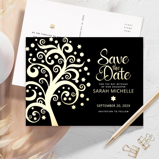 Bat Mitzvah Save Date Tree of Life Black Gold Foil Invitation Postcard (Creator Uploaded)
