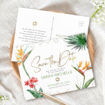 Bat Mitzvah Save Date Tropical Floral Gold Script Invitation Postcard<br><div class="desc">Make sure all your friends and relatives will be able to celebrate your daughter’s milestone Bat Mitzvah! Send out this chic, personalized “Save the Date” announcement postcard. Stylish, stunning, colourful, tropical watercolor birds of paradise flowers, faux gold handwritten script, Star of David and glitter dots, along with green and grey...</div>