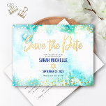 Bat Mitzvah Save Date Turquoise Watercolor Gold Foil Invitation Postcard<br><div class="desc">Make sure all your friends and relatives will be able to celebrate your daughter’s milestone Bat Mitzvah! Send out this stunning, modern, sparkly real gold foil, glitter dots and handwritten script against a turquoise blue watercolor background, personalized “Save the Date” announcement postcard. Personalize the custom text with your Bat Mitzvah’s...</div>