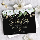 Bat Mitzvah Save the Date Black Gold Script Floral Invitation Postcard<br><div class="desc">Make sure all your friends and relatives will be able to celebrate your daughter’s milestone Bat Mitzvah! Send out this chic, personalized “Save the Date” announcement postcard. A chic, stunning, white and gold glitter floral watercolor with faux gold foil script typography and white san serif type overlays a dramatic black...</div>