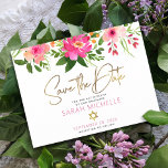 Bat Mitzvah Save the Date Floral Watercolor Script Invitation Postcard<br><div class="desc">Make sure all your friends and relatives will be able to celebrate your daughter’s milestone Bat Mitzvah! Send out this chic, personalized “Save the Date” announcement postcard. A stunning, pink and peach floral watercolor with faux gold foil script typography and modern dusty rose and grey sans serif type overlay a...</div>