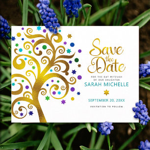 Bat Mitzvah Save the Date Gold & Teal Tree of Life Invitation Postcard