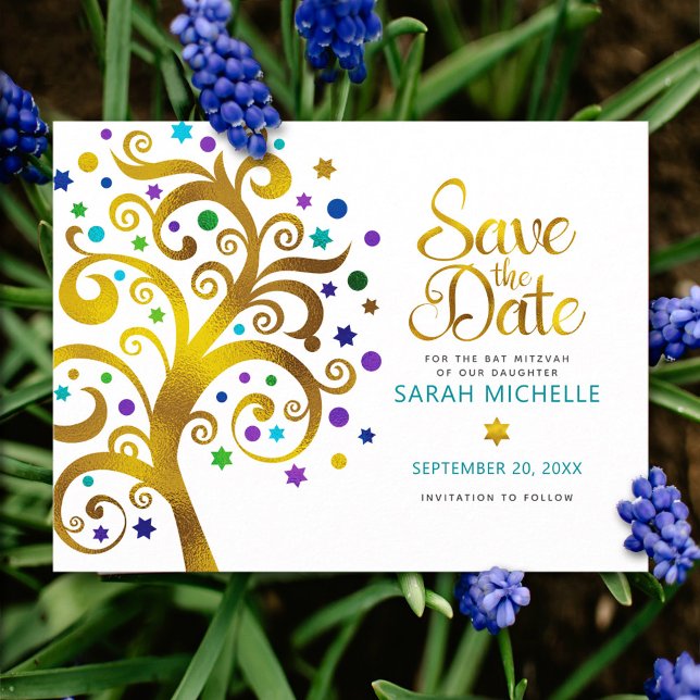 Bat Mitzvah Save the Date Gold & Teal Tree of Life Invitation Postcard (Creator Uploaded)
