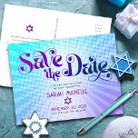Bat Mitzvah Save the Date Retro Blue Purple Ombre Invitation Postcard<br><div class="desc">Make sure all your friends and relatives will be able to celebrate your daughter’s milestone Bat Mitzvah! Send out this fun, boho retro, personalized “Save the Date” announcement postcard. Fun, trendy, bold purple and navy blue typography with modern sans serif typography overlay a background of pop light turquoise and purple...</div>