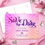 Bat Mitzvah Save the Date Retro Pink Orange Ombre Invitation Postcard<br><div class="desc">Make sure all your friends and relatives will be able to celebrate your daughter’s milestone Bat Mitzvah! Send out this fun, boho retro, personalized “Save the Date” announcement postcard. Fun, trendy, bold dark hot pink and purple typography with modern sans serif typography overlay a background of pop light orange and...</div>