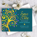 Bat Mitzvah Save the Date Teal Gold Tree of Life Invitation Postcard<br><div class="desc">Make sure all your friends and relatives will be able to celebrate your daughter’s milestone Bat Mitzvah! Send out this stunning, graphic faux gold foil tree with sparkly turquoise, teal, purple and blue Star of David and dot “leaves” on a rich dark teal blue background, personalized “Save the Date” announcement...</div>