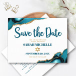Bat Mitzvah Save the Date Turquoise Agate Script Invitation Postcard<br><div class="desc">Make sure all your friends and relatives will be able to celebrate your daughter’s milestone Bat Mitzvah! Send out this cool, unique, modern, personalized “Save the Date” announcement postcard. Dark teal blue script typography and faux gold Star of David overlay a simple, clean white background with turquoise blue agate rocks...</div>