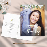 Bat Mitzvah Script Photo Gold Floral Thank You Postcard<br><div class="desc">Make sure your favourite Bat Mitzvah shows her appreciation to all who supported her milestone event! Send out this sophisticated, personalized thank you postcard! A chic, stunning, white and gold glitter floral watercolor with white script typography and san serif type overlay the photo of your choice. A gold Star of...</div>