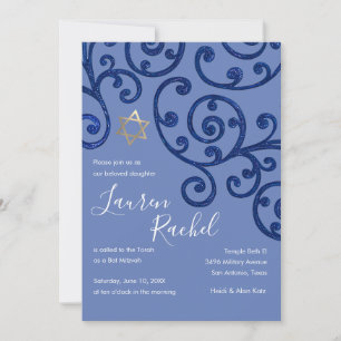 Bat Mitzvah Scroll Pattern Blue Invitation