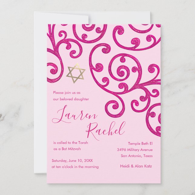 Bat Mitzvah Scroll Pattern Pink Invitation (Front)