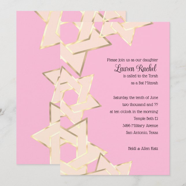 Bat Mitzvah Sheer Gold Star of David on Any Colour Invitation (Front/Back)