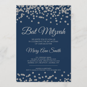 Bat Mitzvah Silver Faux Glitter Confetti Navy Blue Invitation