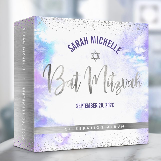 Bat Mitzvah Silver Foil Purple Watercolor Keepsake Binder (Creator Uploaded)