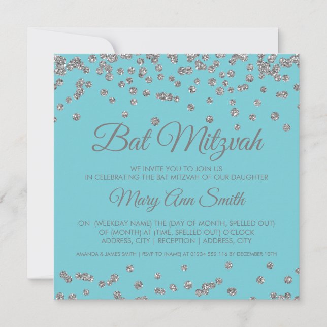 Bat Mitzvah Silver Glitter Confetti Robin Egg Blue Invitation (Front)