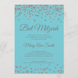 Bat Mitzvah Silver Glitter Confetti Robin Egg Blue Invitation