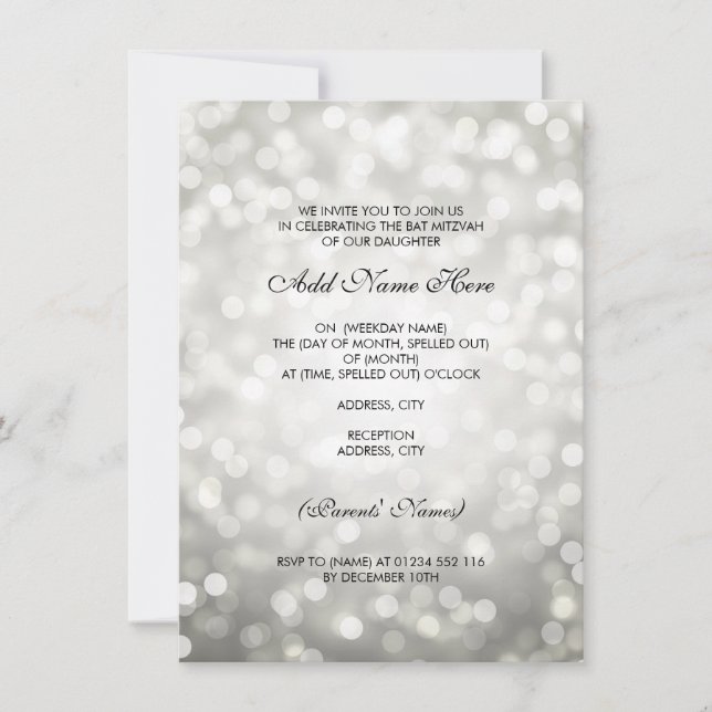 Bat Mitzvah Silver Glitter Lights Invitation (Front)