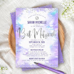 Bat Mitzvah Silver Purple Watercolor Girly 2 Venue Invitation<br><div class="desc">Be proud, rejoice and showcase this milestone of your favourite Bat Mitzvah! Send out this stunning, modern, personalized invitation for an event to remember. Sparkly faux silver foil script, glitter dots. Star of David and typography script overlay a light purple watercolor background. Personalize the custom text with your Bat Mitzvah’s...</div>