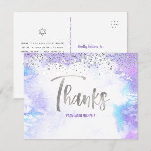 Bat Mitzvah Silver Script Purple Watercolor Thanks Postcard
