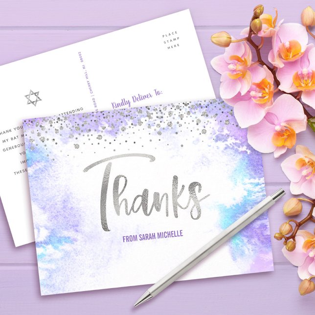 Bat Mitzvah Silver Script Purple Watercolor Thanks Postcard (Creator Uploaded)